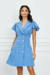 Rochie Dy Fashion bleu tip sacou cu volanase la bust
