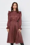Rochie Dy Fashion bordo cu buline si volane la bust