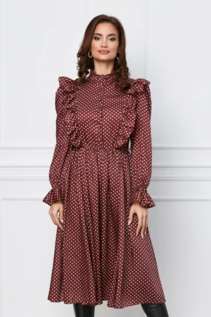 Rochie Dy Fashion bordo cu buline si volane la bust