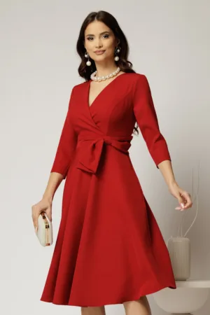 Rochie Dy Fashion bordo cu decolteu petrecut si funda maxi