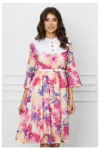 Rochie Dy Fashion clos bej cu imprimeu fucsia si curea in talie