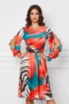 Rochie Dy Fashion corai si turcoaz cu zebra print si decupaj pe maneci