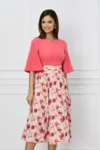 Rochie Dy Fashion cu bust roz zmeura si fusta cu imprimeu floral