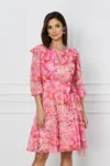 Rochie Dy Fashion cu imprimeu roz si cordon in talie