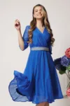 Rochie Dy Fashion eleganta din voal albastra cu fir stralucitor si cordon