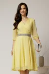 Rochie Dy Fashion galbena din voal cu fir stralucitor si cordon