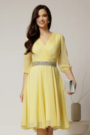 Rochie Dy Fashion galbena din voal cu fir stralucitor si cordon