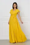 Rochie Dy Fashion galbena lunga cu volan la bust si cordon in talie