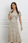 Rochie Dy Fashion gri cu floricele roz-bleu si volane pe umeri