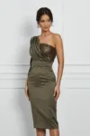 Rochie Dy Fashion kaki cu paiete la bust si o maneca trei sferturi