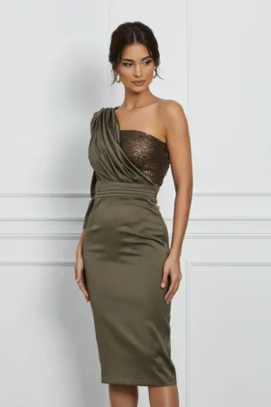 Rochie Dy Fashion kaki cu paiete la bust si o maneca trei sferturi