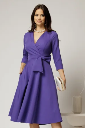 Rochie Dy Fashion mov cu decolteu petrecut si funda maxi