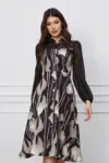 Rochie Dy Fashion neagra cu imprimeuri bej si nasturi