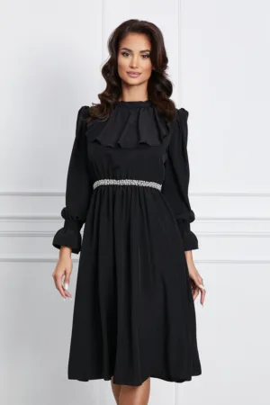 Rochie Dy Fashion neagra cu volanas la bust si perle in talie