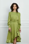 Rochie Dy Fashion olive din satin cu volan pe fusta