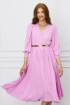 Rochie Dy Fashion roz din voal cu bust petrecut si curea in talie
