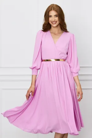 Rochie Dy Fashion roz din voal cu bust petrecut si curea in talie