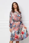 Rochie Dy Fashion roz somon cu imprimeu albastru si decupaj pe maneci