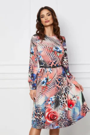 Rochie Dy Fashion roz somon cu imprimeu albastru si decupaj pe maneci