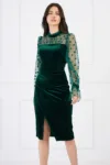 Rochie Ella Collection Adena eleganta din catifea verde cu tull si buline pe maneci