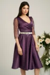 Rochie Ella Collection Adria eleganta din tafta mov cu cordon in talie