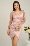 Rochie Ella Collection Alison eleganta din tafta roz cu paiete pe maneci