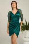 Rochie Ella Collection Alison eleganta din tafta verde cu paiete pe maneci