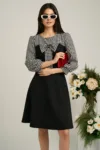 Rochie Ella Collection Andrada office din stofa neagra cu funda si imprimeu pepit