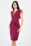 Rochie Ella Collection Any eleganta din stofa magenta cu pene la umeri fronseuri in fata