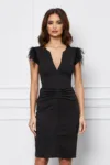 Rochie Ella Collection Any eleganta din stofa neagra cu pene la umeri