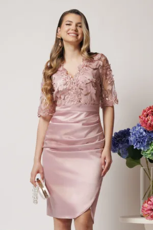 Rochie Ella Collection Catlyn din tafta roz pudrat de ocazie cu broderie pe bust