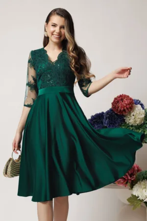 Rochie Ella Collection Inna din tafta verde cu dantela la bust