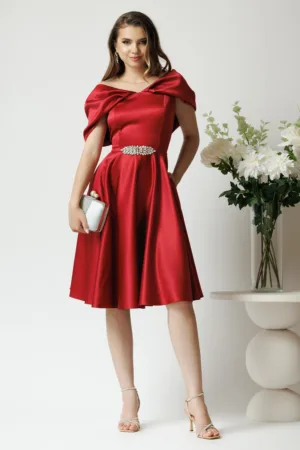 Rochie Ella Collection Jolie eleganta din tafta bordo cu accesoriu metalic in talie