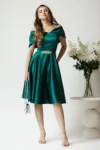 Rochie Ella Collection Jolie eleganta din tafta verde cu accesoriu metalic in talie