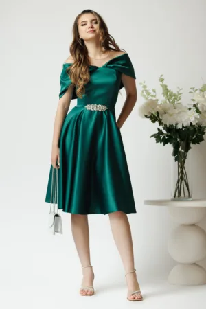 Rochie Ella Collection Jolie eleganta din tafta verde cu accesoriu metalic in talie