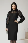 Rochie Ella Collection Kira eleganta din stofa neagra cu detalii catifelate pe maneci