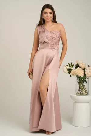 Rochie Ella Collection Madison lunga roz cu flori la bust