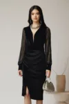 Rochie Ella Collection Nora eleganta din catifea neagra cu maneci din tull
