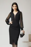 Rochie Ella Collection Nora eleganta din stofa neagra cu maneci din tull si lurex