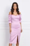 Rochie Ella Collection Sarah eleganta din tafta roz cu umerii goi