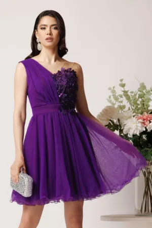 Rochie Ella Collection Serena scurta din tull mov cu flori pe bust