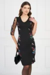 Rochie Ella Collection Sofia neagra cu broderie geometrica pastelata