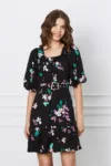 Rochie Felicia neagra cu imprimeuri si curea in talie