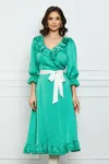 Rochie Felicia verde cu buline albe si cordon in talie