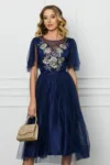 Rochie Gina bleumarin din tull cu broderie pe bust