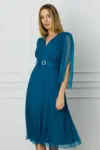 Rochie Ginette albastru petrol din matase naturala cu accesoriu in talie