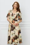 Rochie Ginette bej cu imprimeuri si aplicatii florale in talie