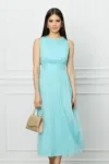Rochie Ginette bleu din matase cu perle la decolteu
