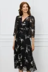 Rochie Ginette neagra cu imprimeuri si aplicatii florale in talie
