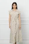 Rochie Hanna ivory cu buline maro si cordon in talie